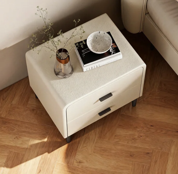 Bedroom storage aesthetics: practicality and elegance of double drawer leather bedside table