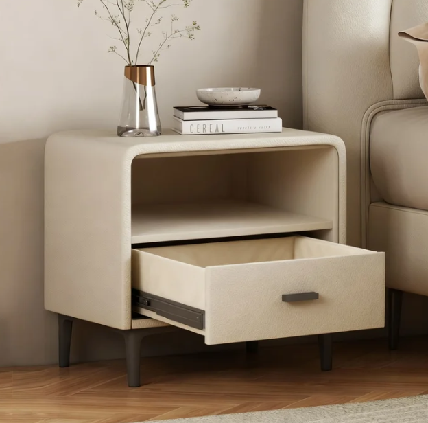 Bedroom storage aesthetics: practicality and elegance of double drawer leather bedside table
