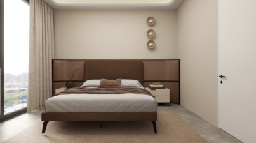 Modern minimalist double bed: collision of brown soft bag and sharp lines