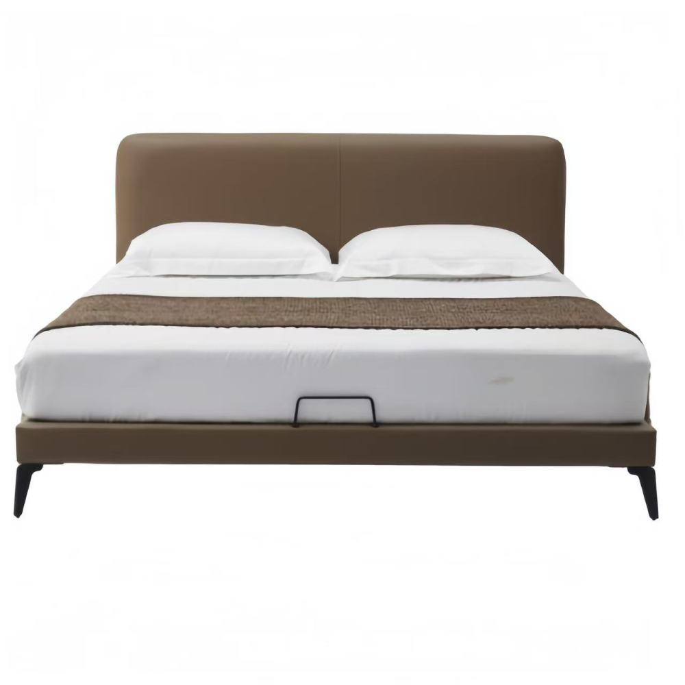 Modern minimalist double bed: collision of brown soft bag and sharp lines
