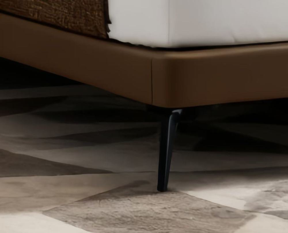 Modern minimalist double bed: collision of brown soft bag and sharp lines