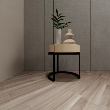 Light gray curved bedside table: a gentle embellishment of minimalist space