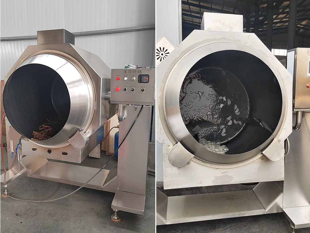 Drum cooking machine with different heating methods