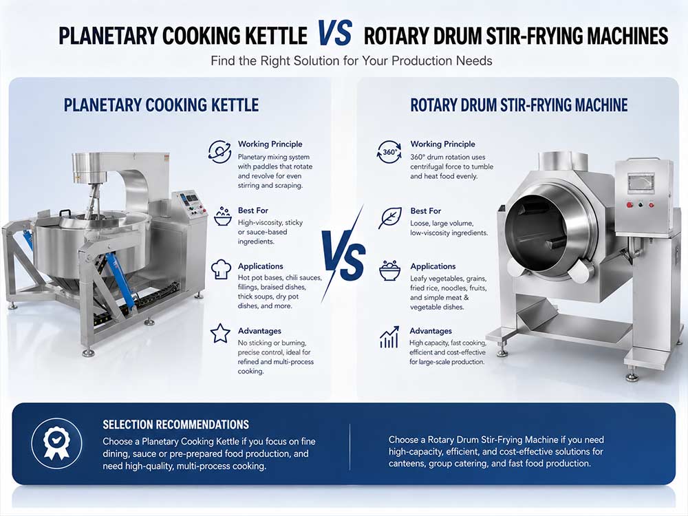 Differences between planetary cooking kettle and stir frying machine