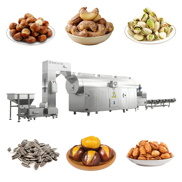 Automatic Nut Roasting Production Line Industrial Peanut Cashew Almond Sunflower Seed Roaster Machine Continuous Nut Processing Equipment with Automatic Feeding Cooling System Electric Gas Heating for Food Processing Factory