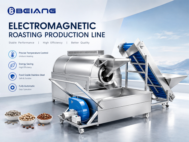 Industrial Electromagnetic Roasting Line with Feeding Conveyor and Cooling System for Nuts Seeds Grains
