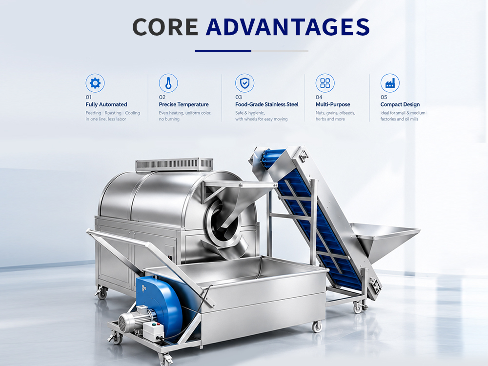 Industrial Electromagnetic Roasting Line with Feeding Conveyor and Cooling System for Nuts Seeds Grains