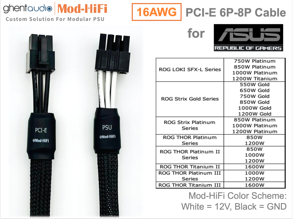 PCI-E GPU 6P Cable for ASUS: e.g. ROG THOR Platinum II 1200W | ROG LOKI SFX-L 850W Platinum | ROG STRIX 1000W Gold | TUF Gaming 750W Gold...