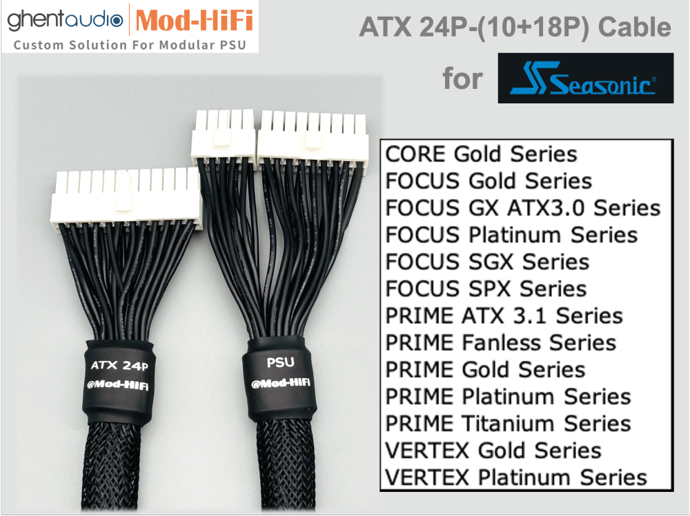ATX 24-Pin Cable for Seasonic: e.g. CORE Gold GX-650 | FOCUS Gold GM-850 | FOCUS Platinum PX-850 | PRIME ATX 3.1 TX-1600 | PRIME Platinum PX-1300 | VERTEX Platinum PX-1000...