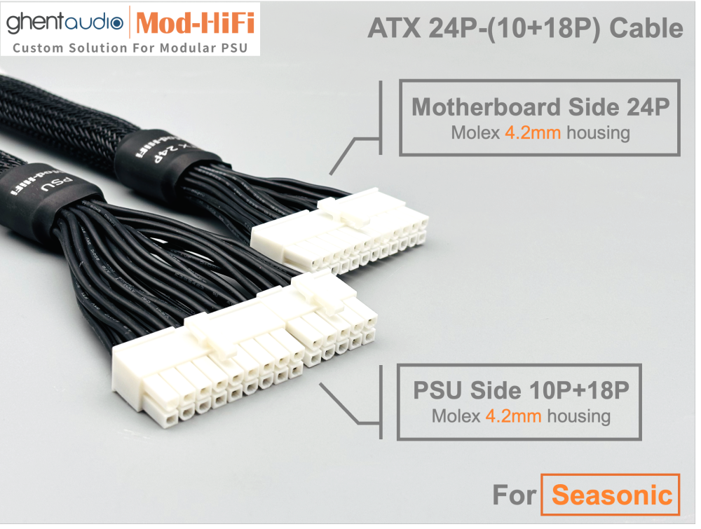 ATX 24-Pin Cable for Seasonic: e.g. CORE Gold GX-650 | FOCUS Gold GM-850 | FOCUS Platinum PX-850 | PRIME ATX 3.1 TX-1600 | PRIME Platinum PX-1300 | VERTEX Platinum PX-1000...