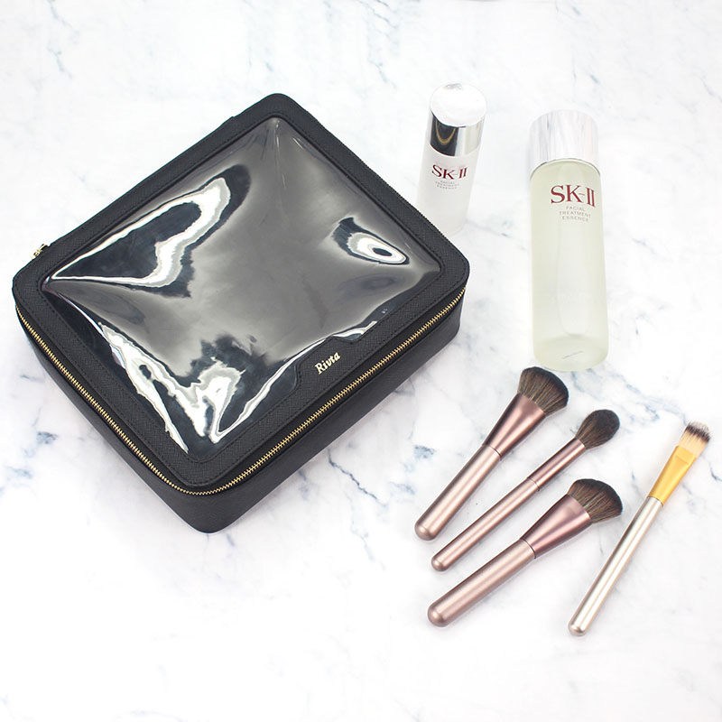 Black clear window makeup case with zipper and logo area for sample review