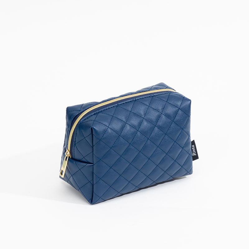 Blue quilted PU cosmetic pouch with gold zipper for logo and hardware sample review