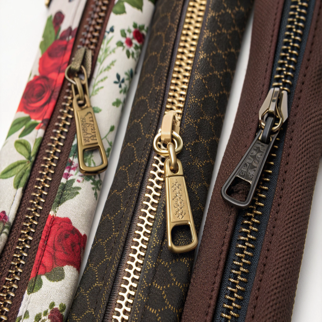 A close-up shot showcasing different types of zippers and custom pullers on bags.