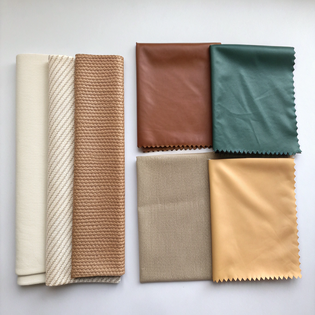 A flat lay of different fabric swatches like canvas, nylon, polyester, and PU leather.