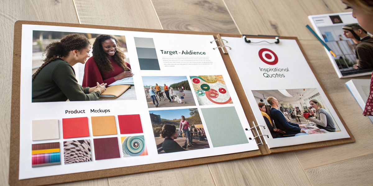 A mood board showing a cohesive brand strategy with target audience photos and product mockups