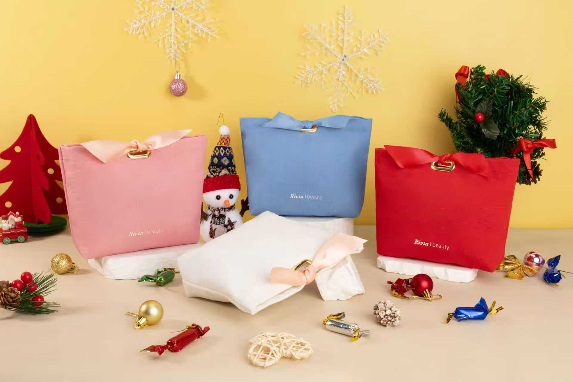 A collection of various custom toiletry bags showing different styles, materials, and logos.