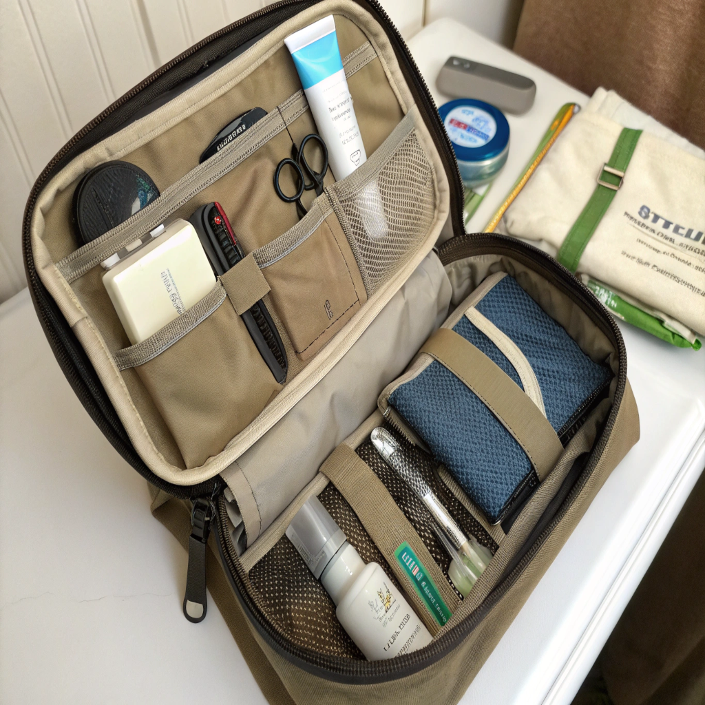 An open toiletry bag showing a well-organized interior with pockets, loops, and dividers.
