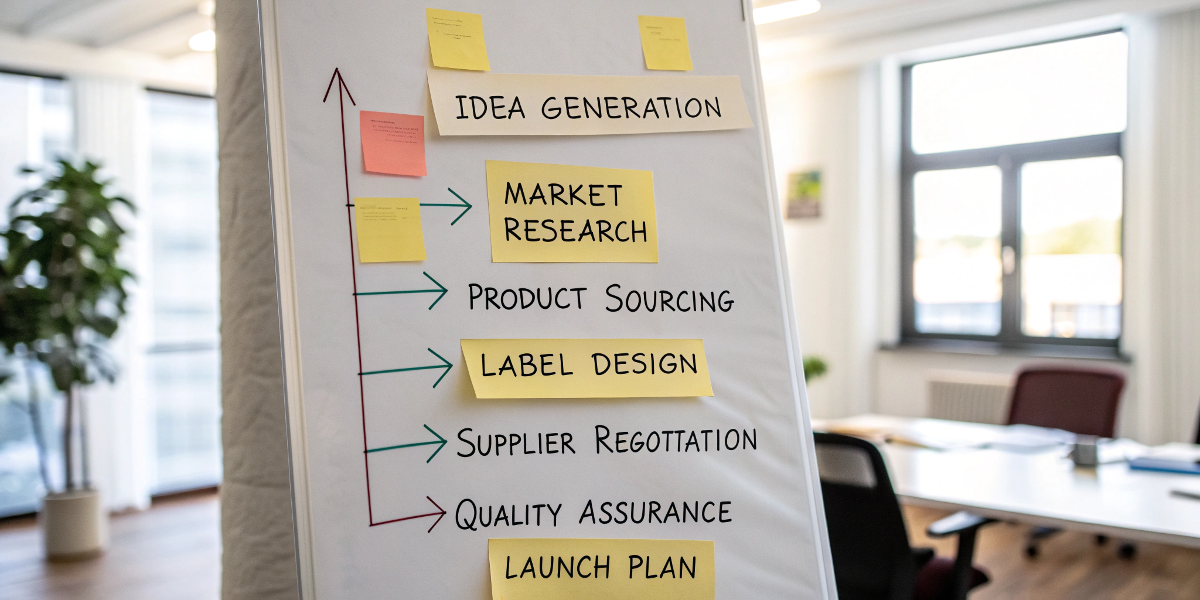 A simple flowchart showing the steps to start a private label product