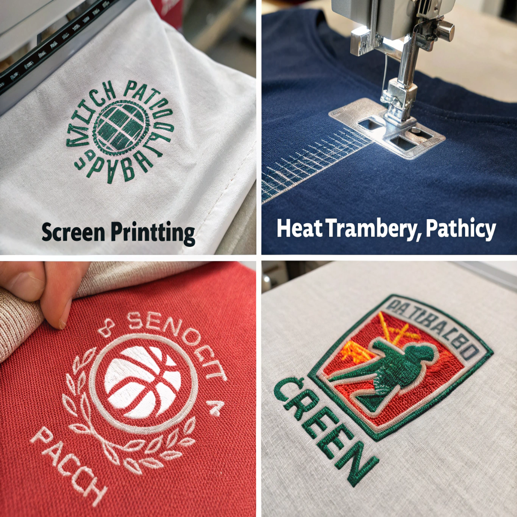 Close-up shots comparing four different logo application methods on fabric.