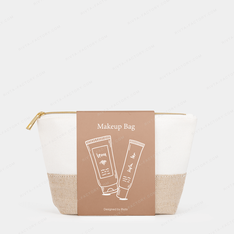 Flat cosmetic bag presented with a fitted printed paper sleeve for retail approval