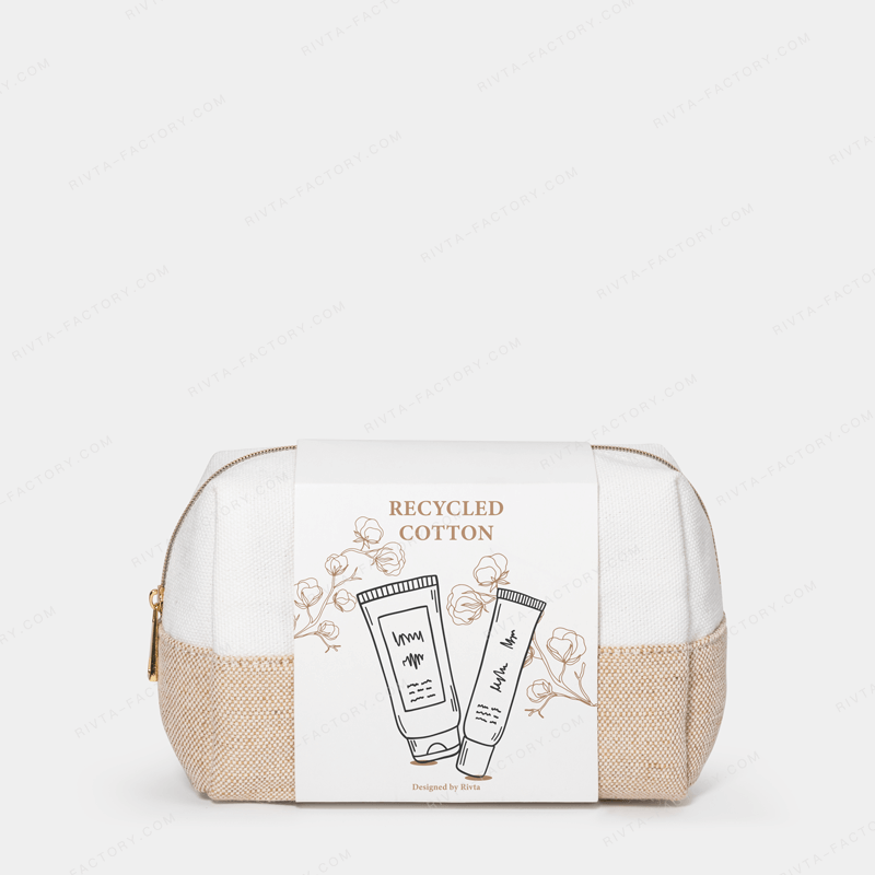 Retail-ready recycled cotton cosmetic bag with approved paper sleeve packaging