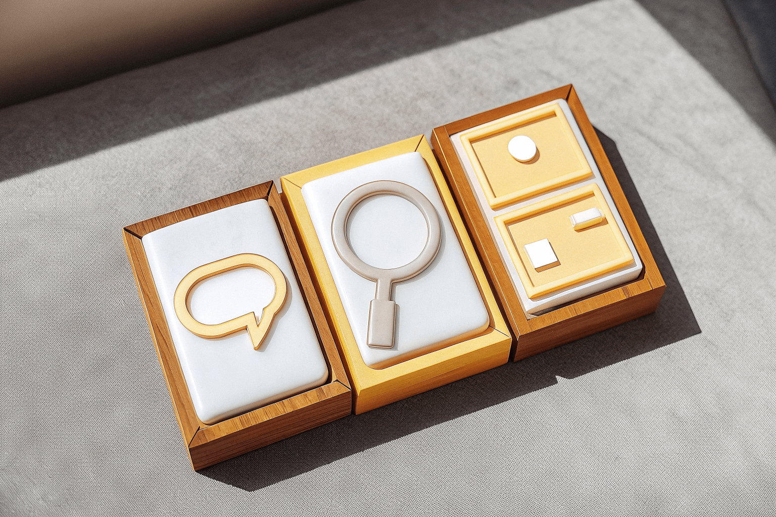 An image showing three icons: a small stack of boxes for MOQ, a magnifying glass for quality control, and chat bubbles for communication