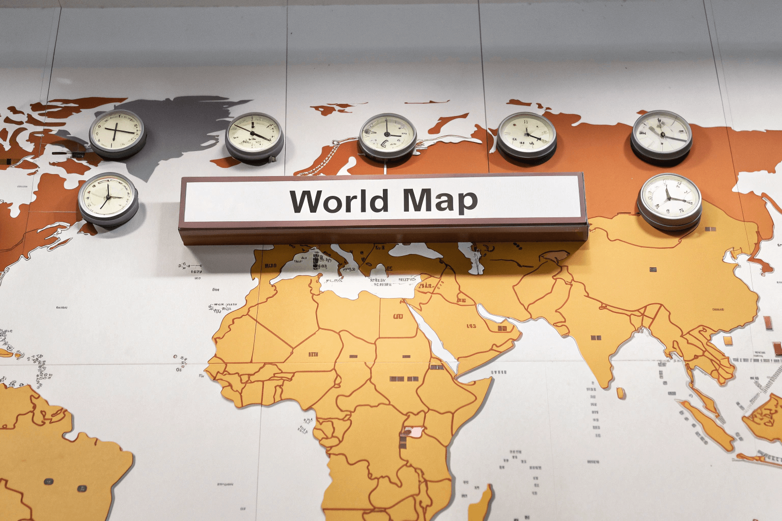 A world map showing shipping lanes, cargo ships, and clocks in different time zones, illustrating global logistics