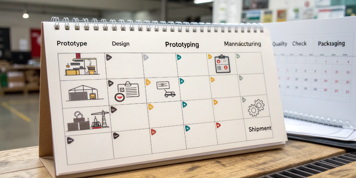 A calendar a timeline showing the stages of bag production from prototype to shipping