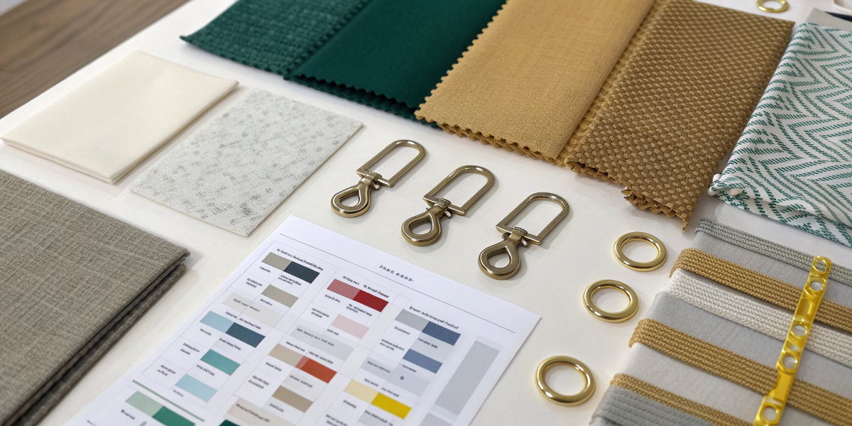 A mood board showing fabric swatches, different hook types, and branding options for a hanging toiletry bag