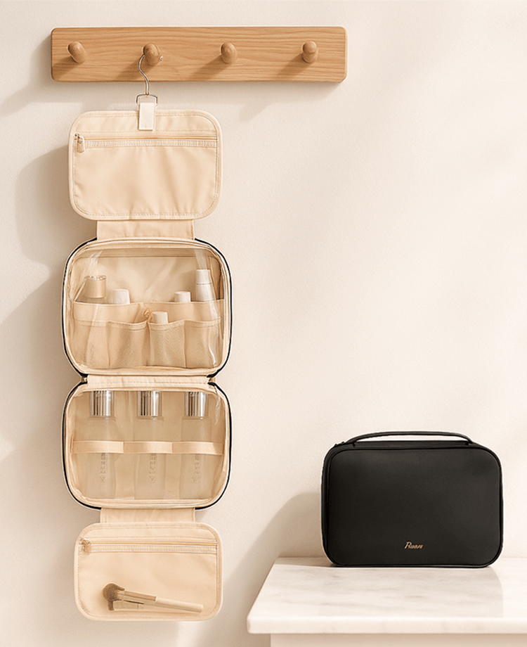 Hanging travel organizer with elastic bottle loops for filled-kit layout review