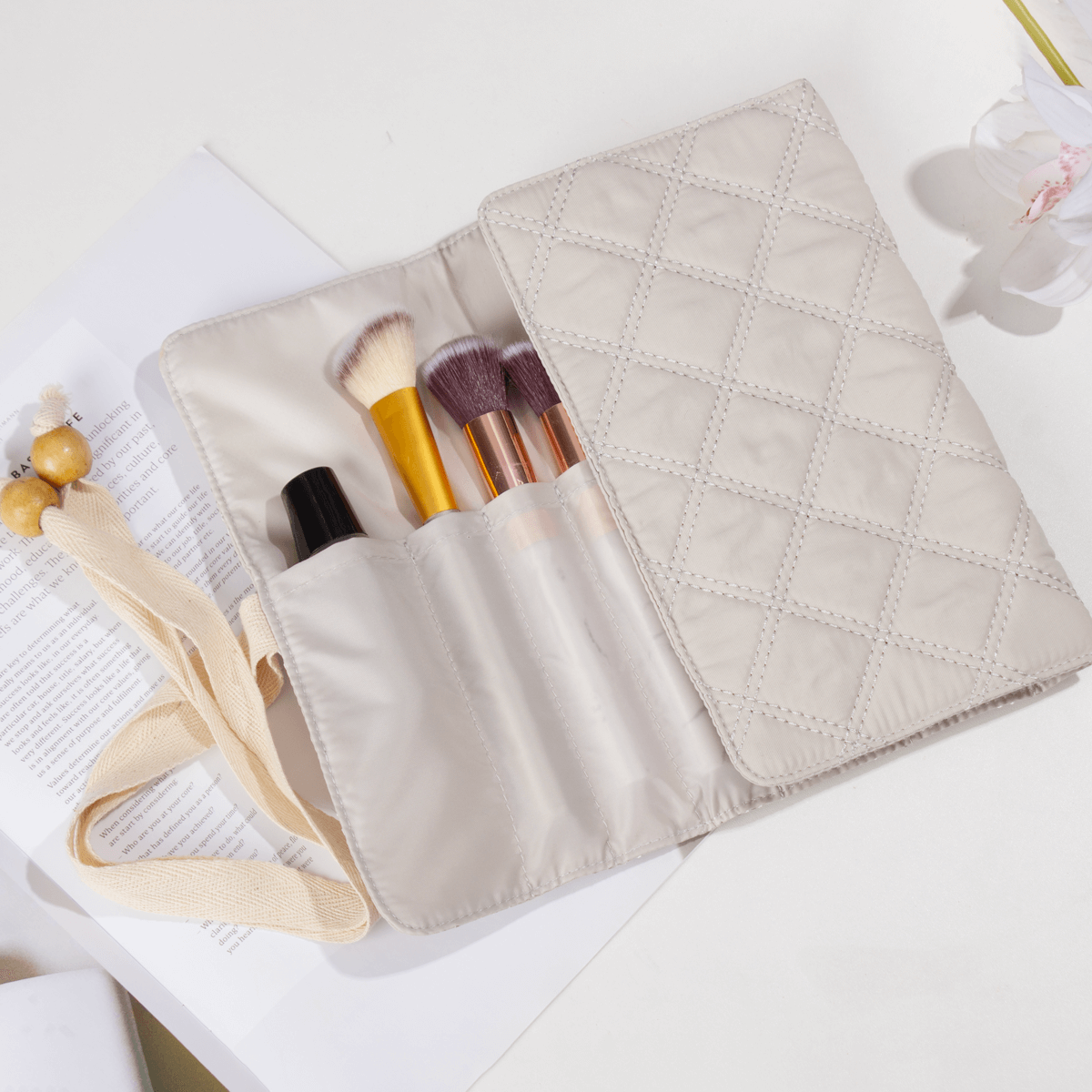 Makeup organizer for brushes made from recycled nylon