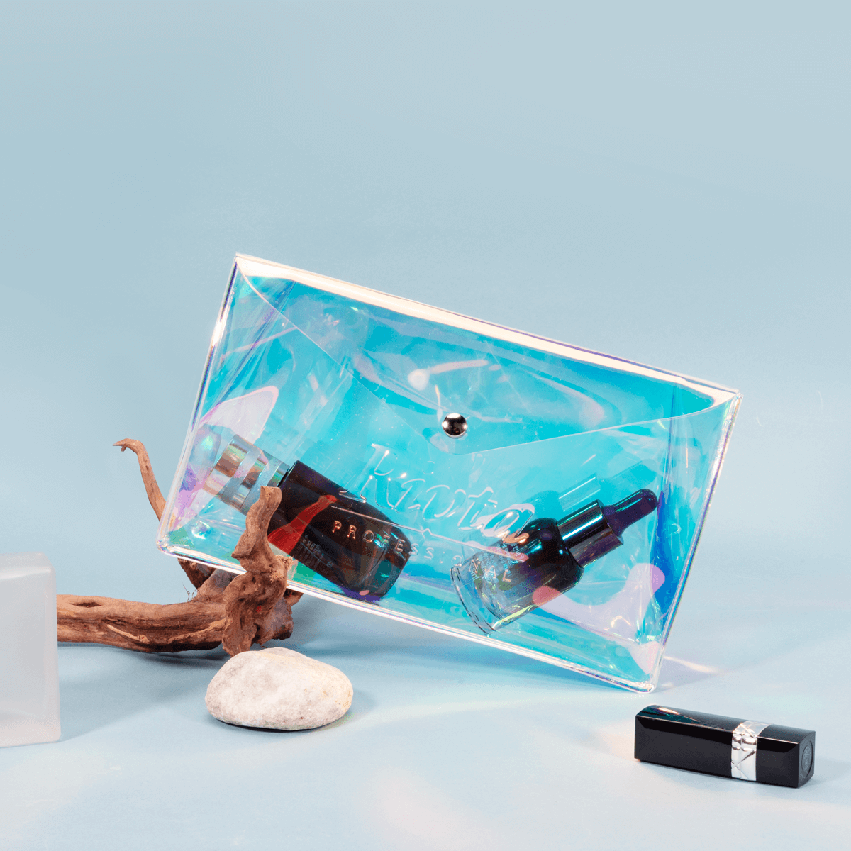 Holographic makeup bag with custom logo patch