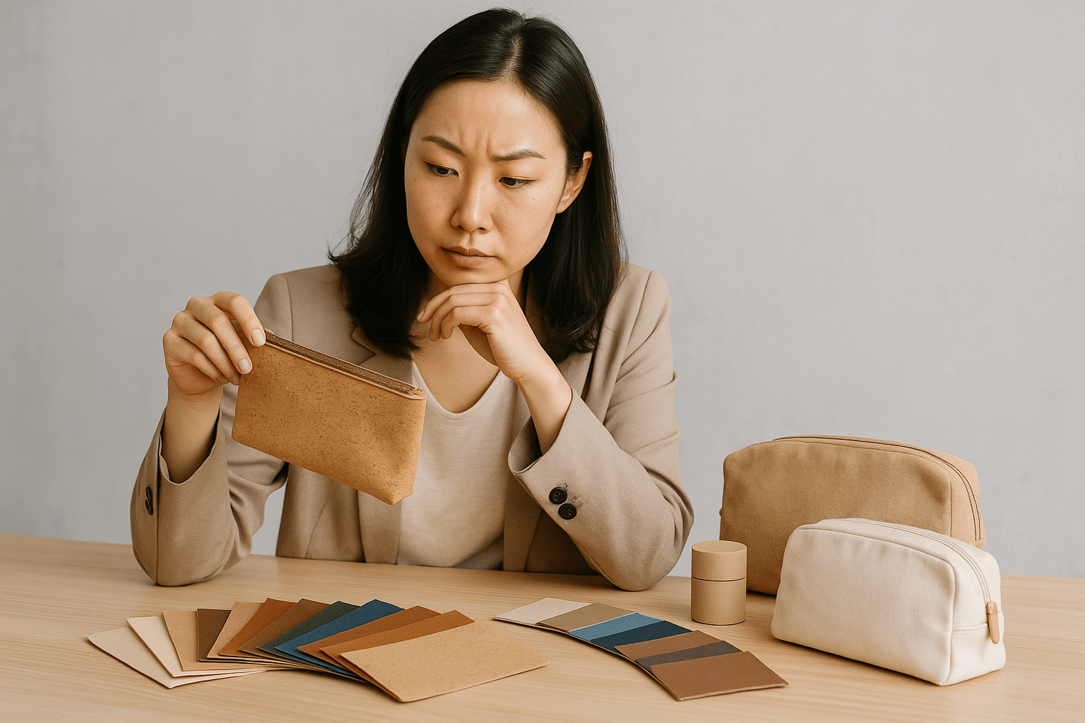 A beauty brand founder looking thoughtfully at sustainable packaging options