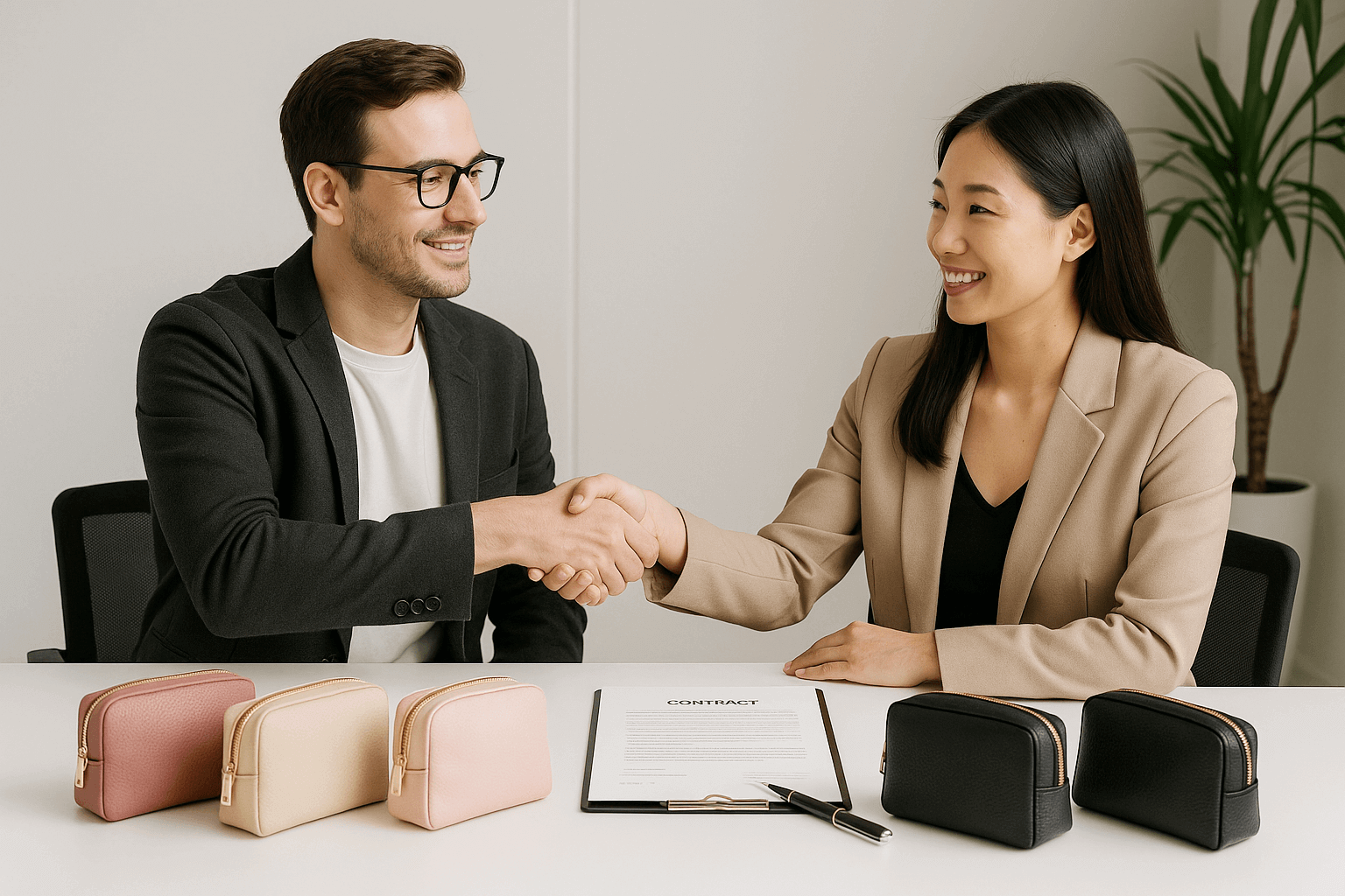 Two people shaking hands over a table with product samples and a signed contract