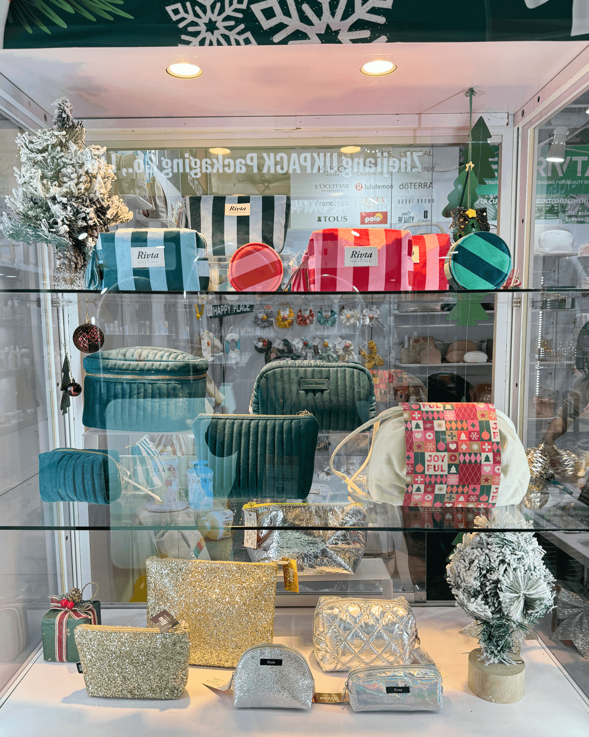 A display of eco-friendly material swatches and product samples at a trade show booth