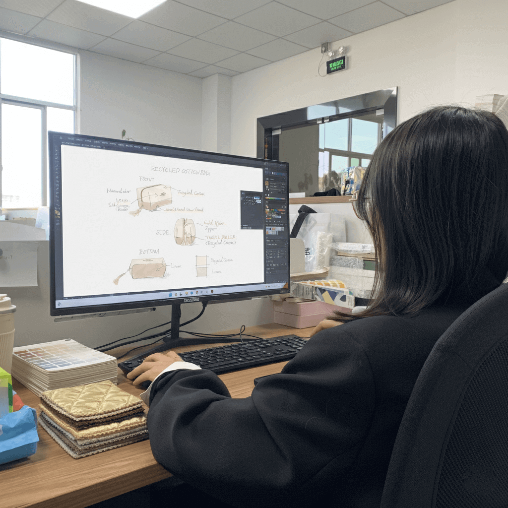 An in-house designer sketching a new bag design on a tablet with material swatches nearby