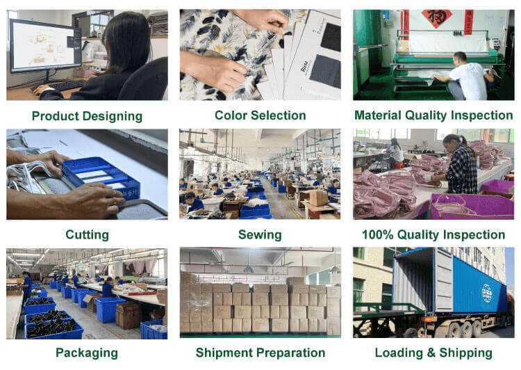 A quality control inspector examining a finished product with a checklist, with factory certifications visible in the background