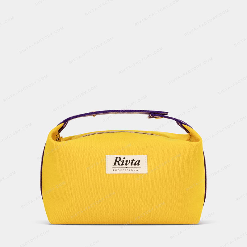 Rivta CBR306 yellow rPET cosmetic bag with a contrasting handle and visible zipper opening