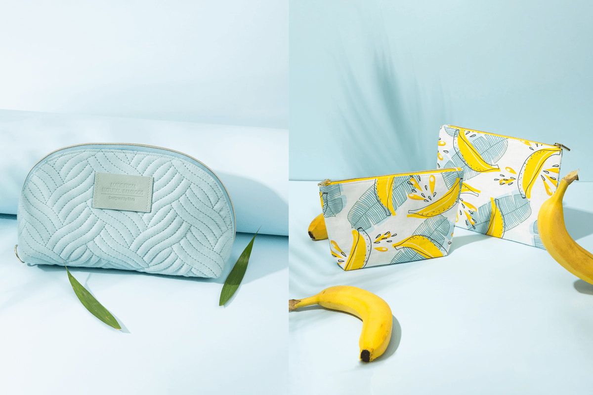 A set of cosmetic bags made from raw Bamboo fiber and Banana fiber offering a natural beige aesthetic