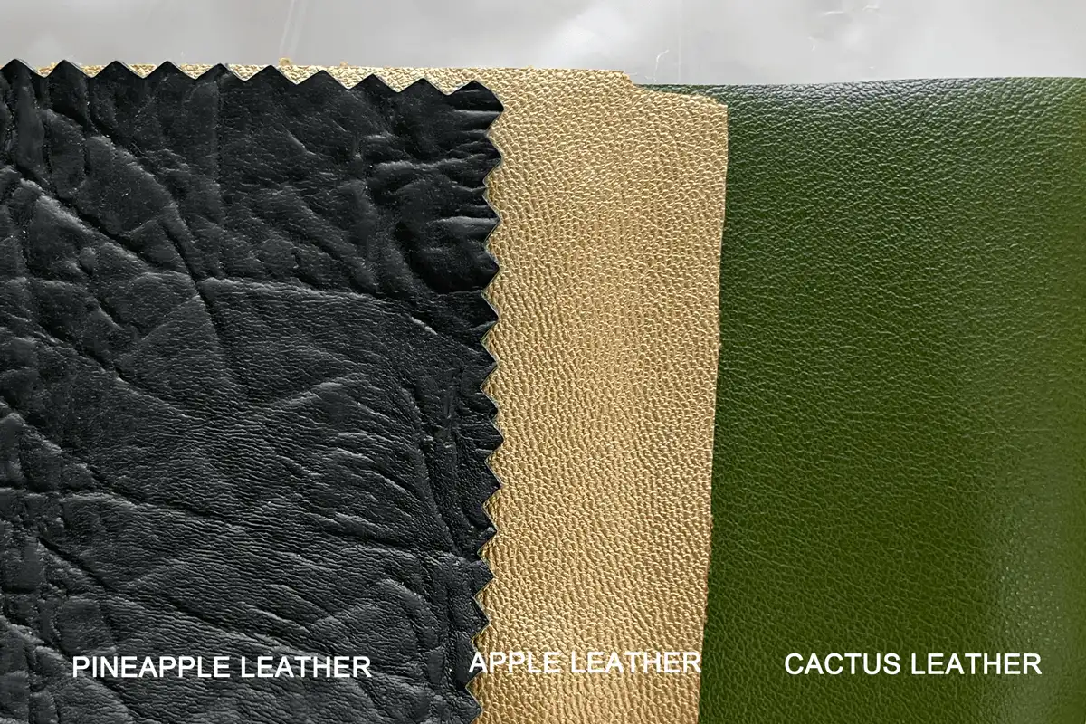 Swatch samples of Apple Leather, Cactus Leather, and Pineapple Leather showing distinct grain patterns