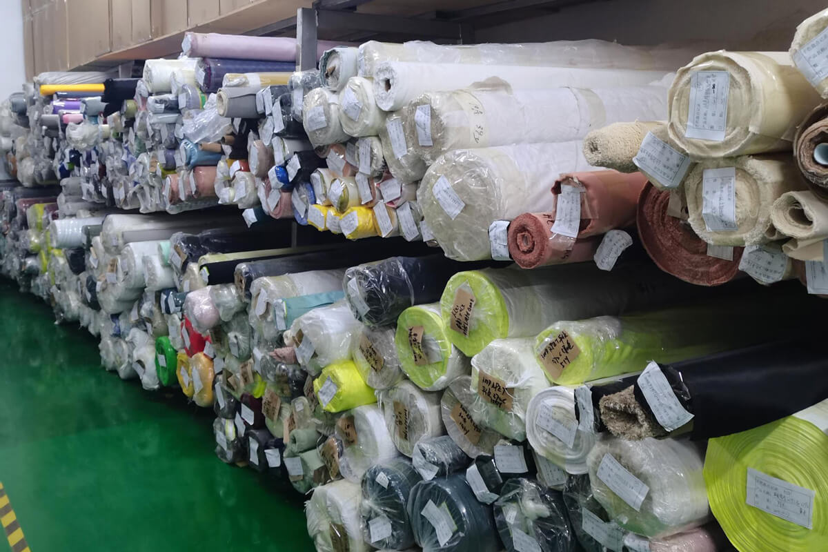Internal warehouse shelves stocked with eco-friendly materials at Rivta factory