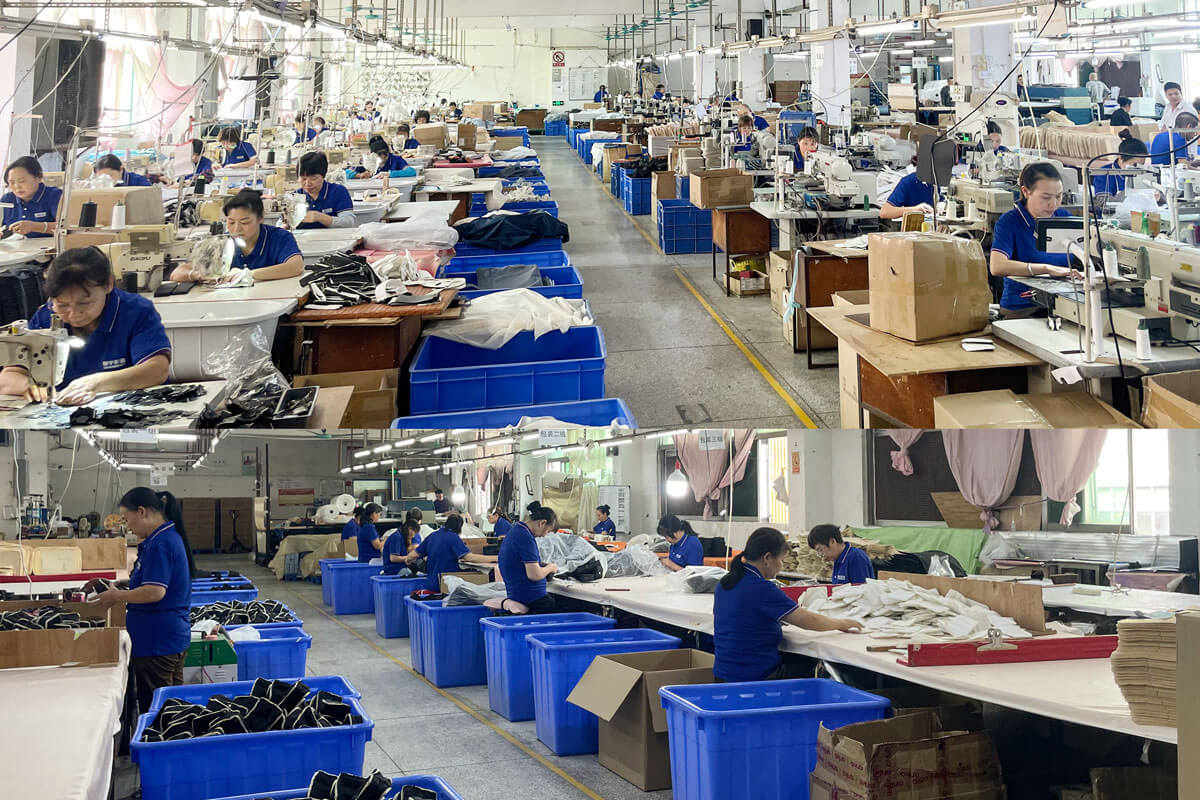 A photo of the Rivta factory floor, showing a clean, bright, and safe working environment with workers assembling bags.