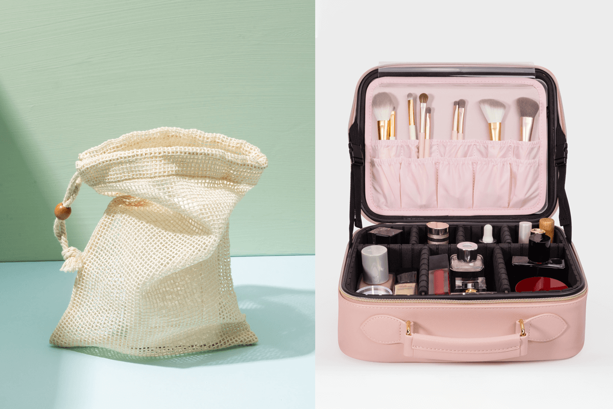 Comparison between lightweight mesh drawstring bag and luxury vegan leather vanity case