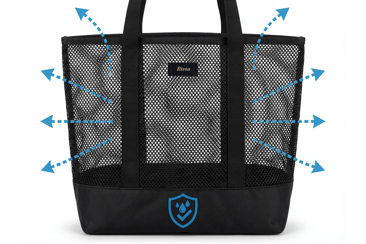 Diagram showing airflow through recycled mesh yoga tote with waterproof base