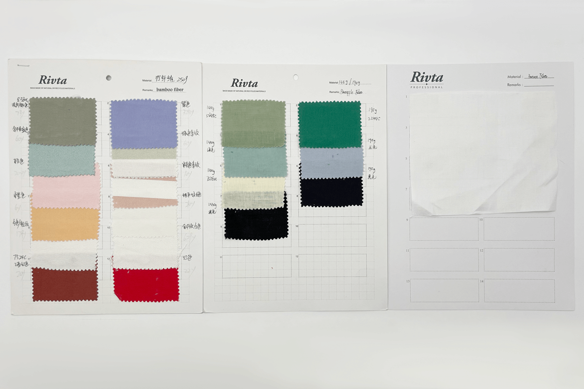 A color wheel of natural fabric swatches, showing banana and bamboo fibers dyed in vibrant Pantone shades.