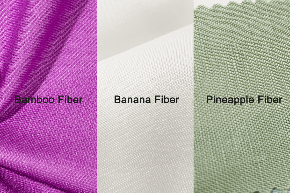 Close-up texture comparison of three fabrics: silky bamboo, fibrous banana, and leathery pineapple fiber.