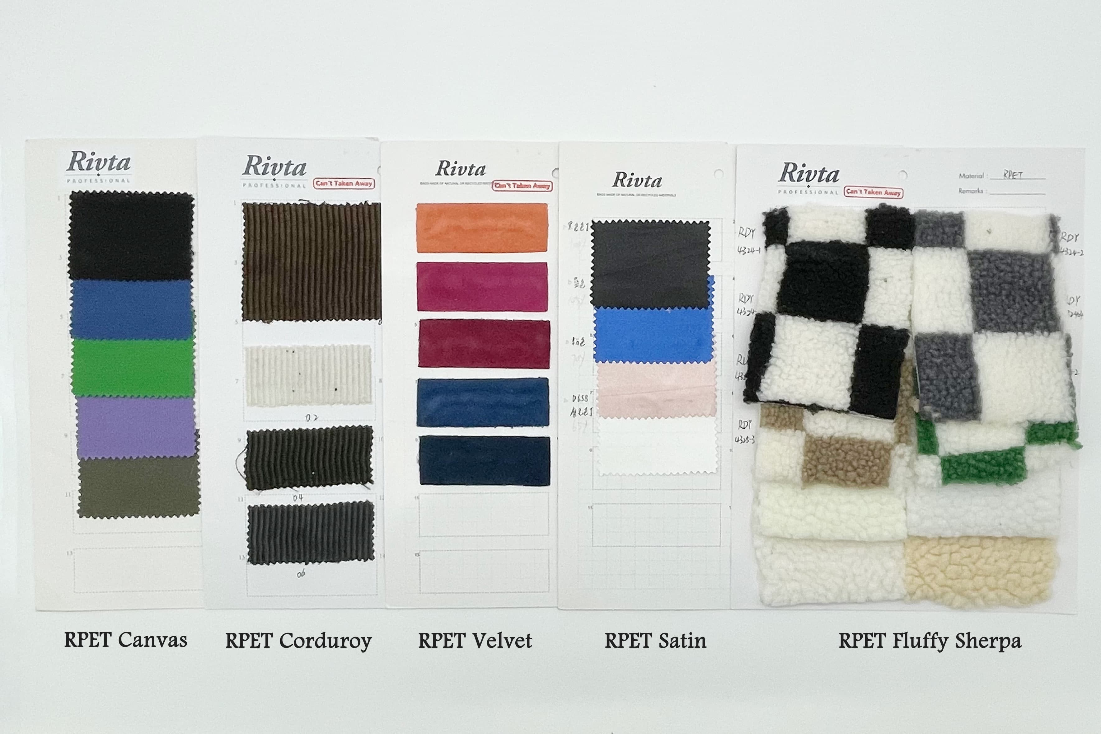 Detailed RPET texture grid showing canvas, corduroy, sherpa fleece, satin and velvet.