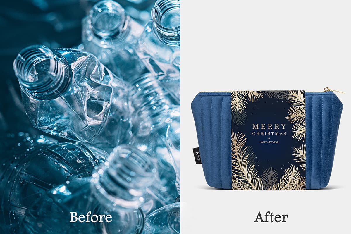 Transformation from recycled plastic bottles to luxury RPET velvet and satin fabric textures.