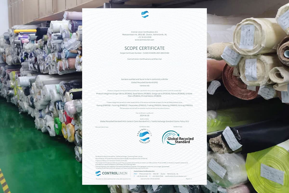 GRS certification flow chart from recycled bottle collection to final transaction certificate.