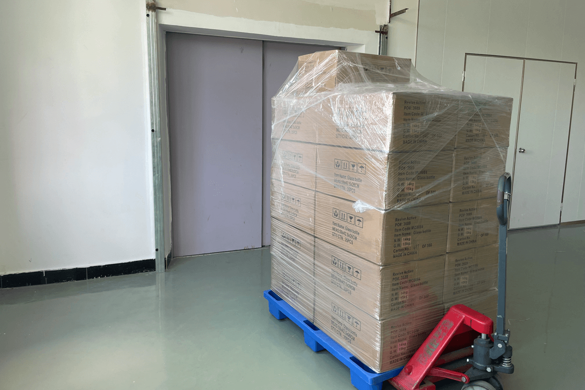 Small batch of custom makeup bags being prepared for shipment in the Rivta factory
